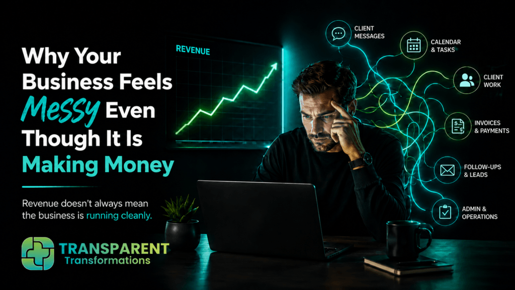 Service-based business owner overwhelmed by client work, follow-ups, invoices, and admin while revenue grows.
