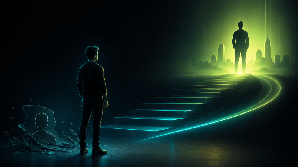 Person standing between a broken past identity and a stronger future self, symbolizing personal growth and ambition.