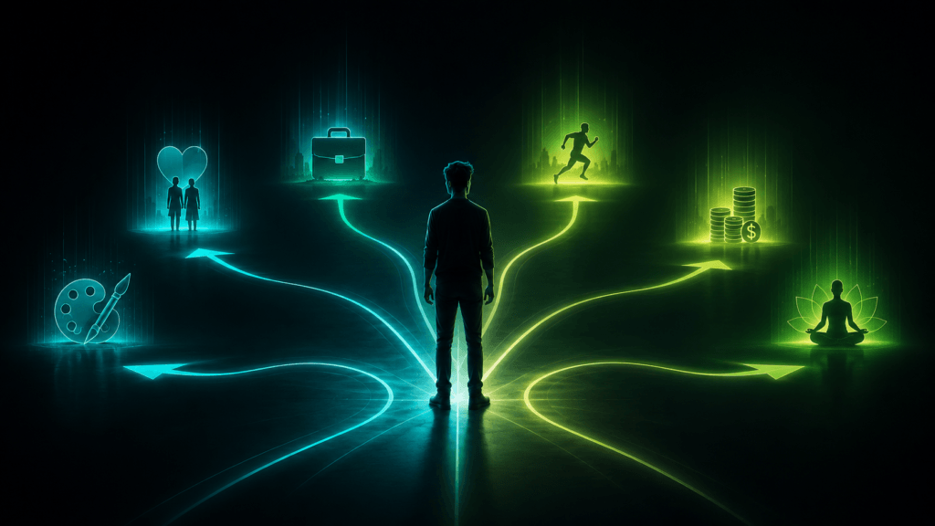 Person standing at the centre of several paths leading toward different goals, including career, health, relationships, money, creativity, and mindfulness.