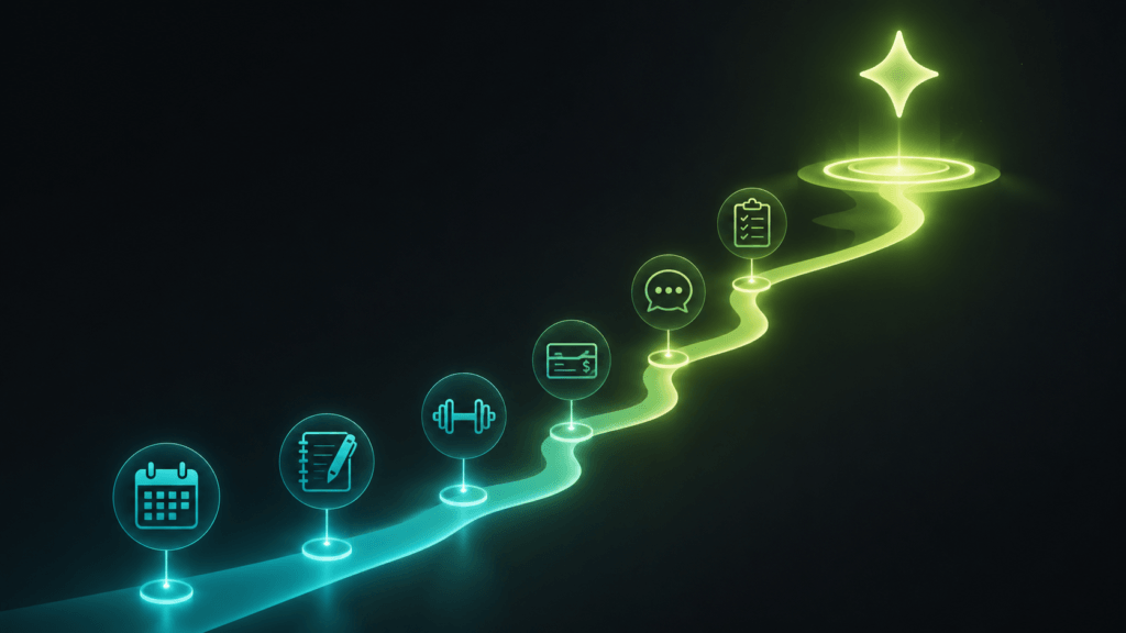 A glowing path built from small habit steps, including planning, writing, exercise, finances, communication, and goal review, leading toward a larger goal.