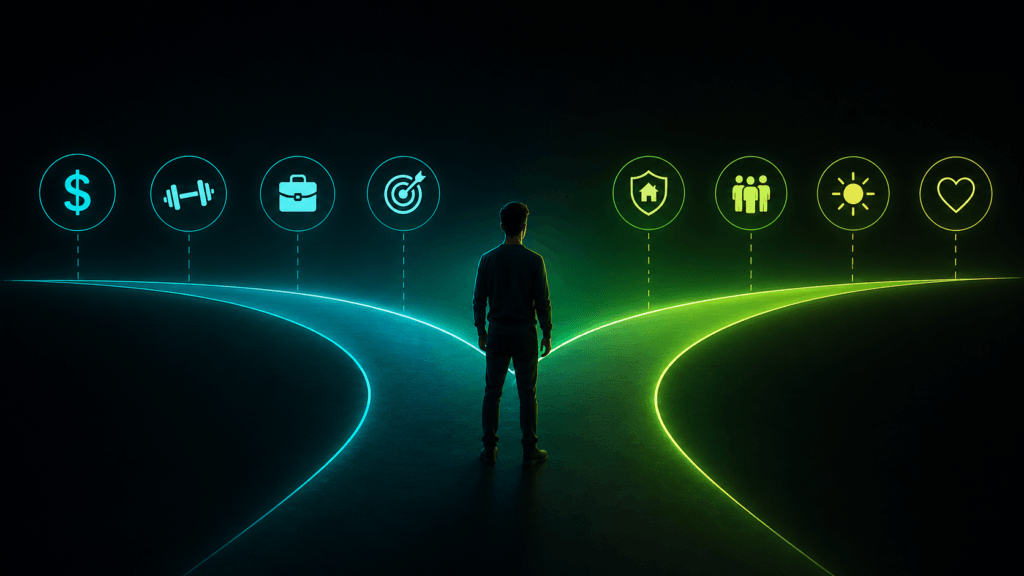 Person standing between goals based on achievement and goals connected to security, family, energy, and personal meaning.