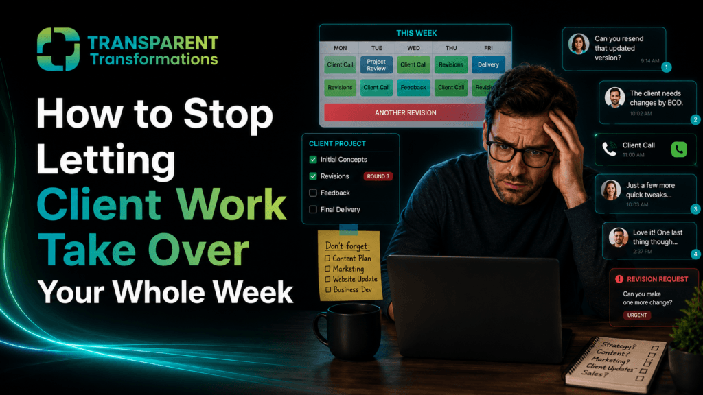 Overwhelmed business owner at a laptop surrounded by client messages, revision requests, calls, and a calendar filled with client work.