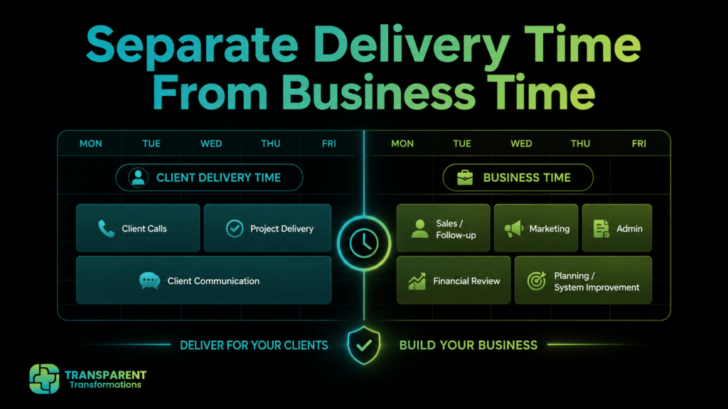 Weekly calendar divided between client delivery tasks and protected business tasks such as sales, marketing, administration, financial review, and system improvement.